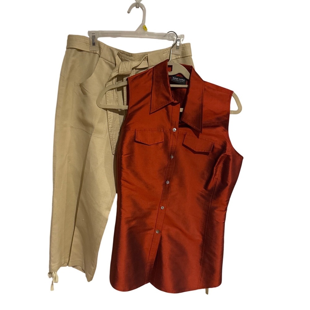 Vtg Woman's Outfit Jared Ross Beige Capri Pants 8 & NY&Co Rust Iridescent Top M